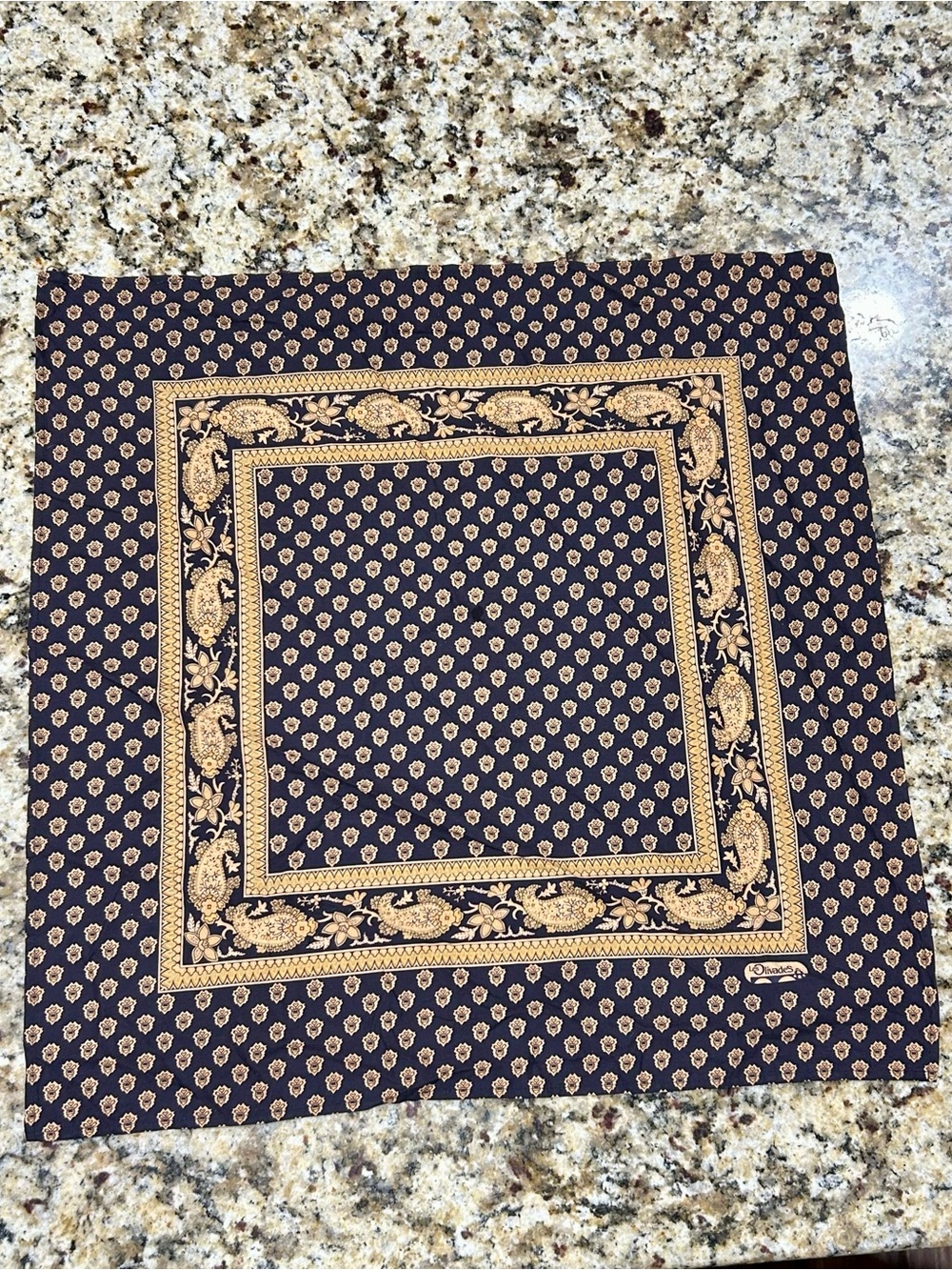 Vintage 100% Cotton Les Olivades Black and Gold Scarf